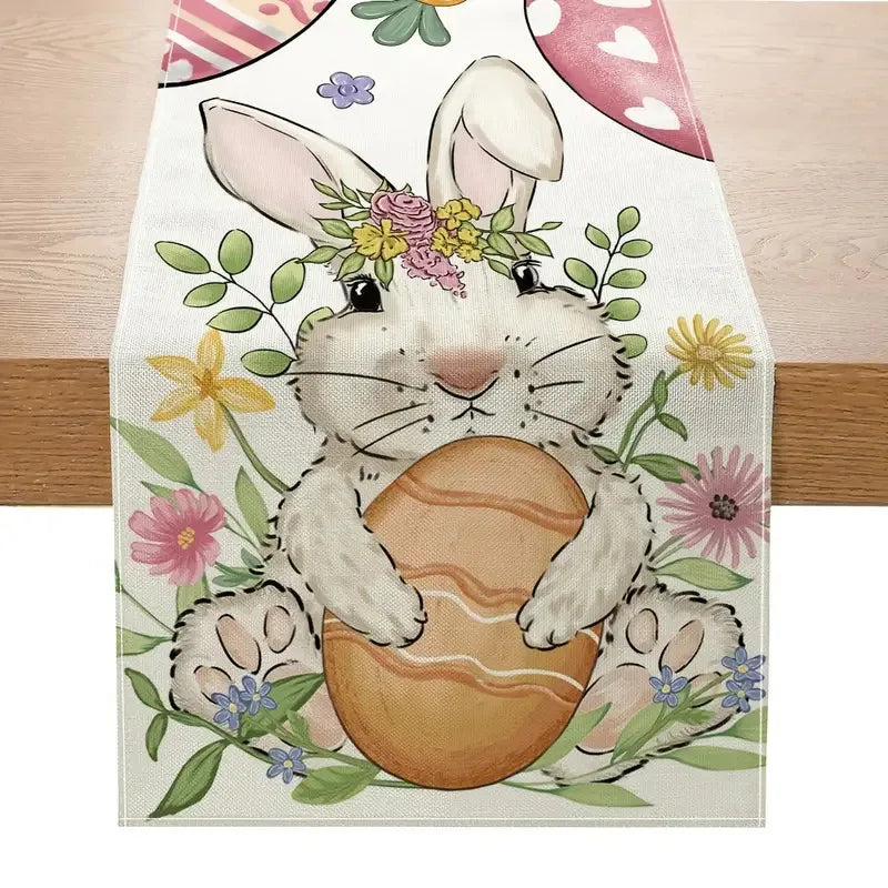 table pâques rectangle polyester fleurs lapins œufs happy easter beige blanc festive pastorale