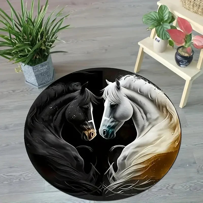 tapis rond chevaux yin yang noir blanc moderne salon chambre décoration polyester