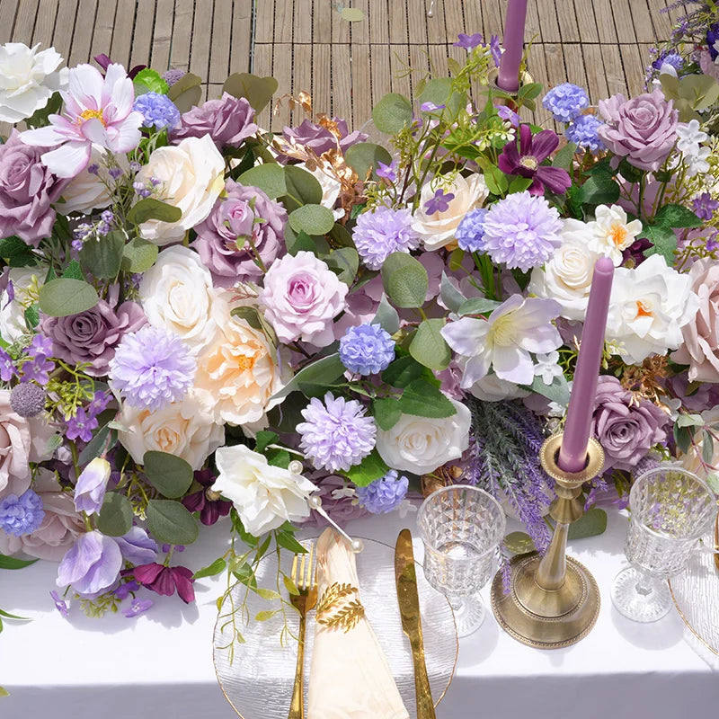tapis table décoration mariage violet rose blanc fleurs artificielles romantique champêtre élégantextérieur anniversaire