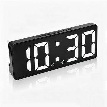 horloge numérique moderne détection vocale affichage température mode nuit led noir geometrique