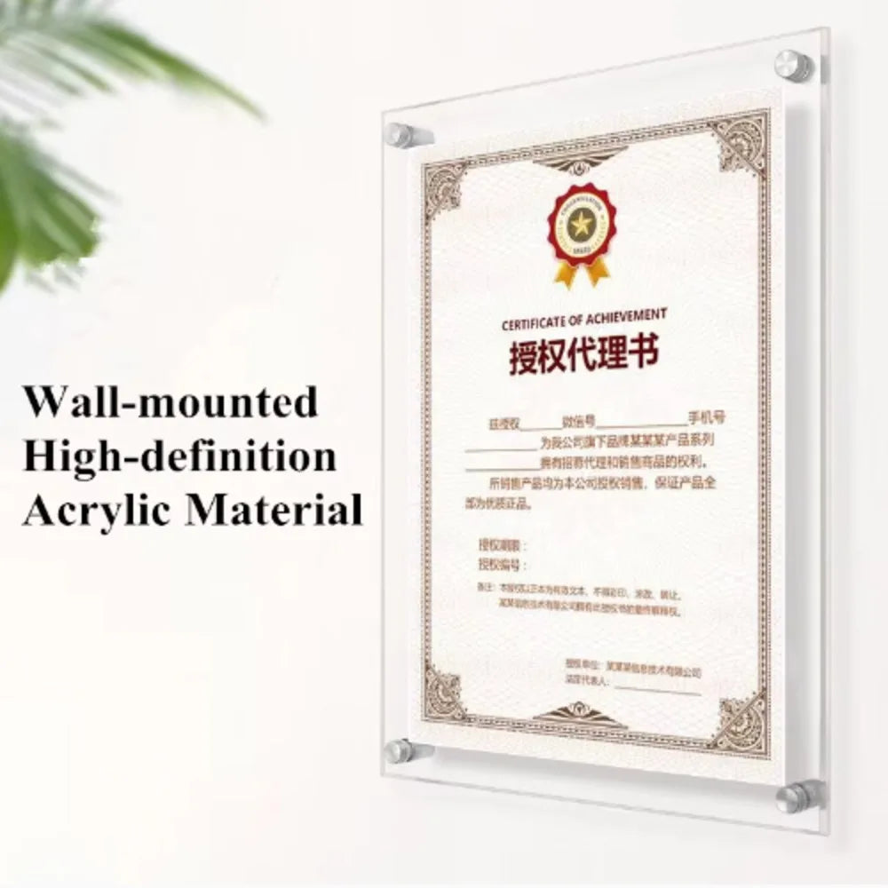 support mural transparent moderne clips certificats A4 acrylique rectangle sans bordure