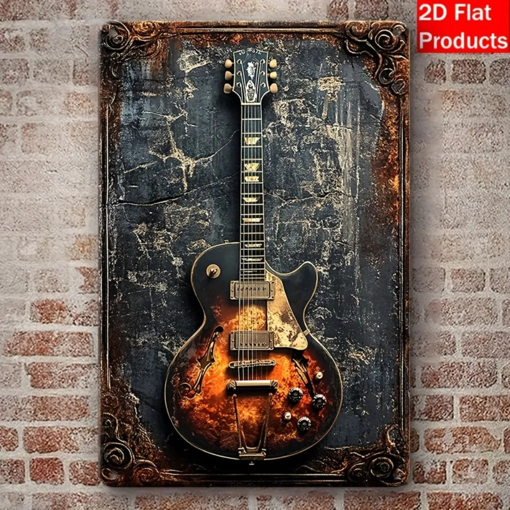 décoration murale guitare électrique effet vieilli grunge vintage noir marron rock roll métal opaque
