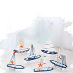 décoration nautique bateau voile blanc bleu orange marin artisanal festive anniversaire thuyền gỗ