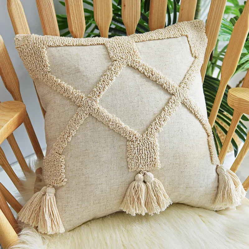 coussin beige géométrique frange boho chic intérieur décoration maison lavable