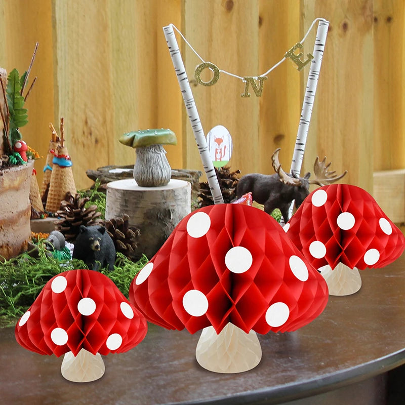décoration fête anniversaire enfant adulte boule papier forme champignon rouge blanc texture alvéolée festive
