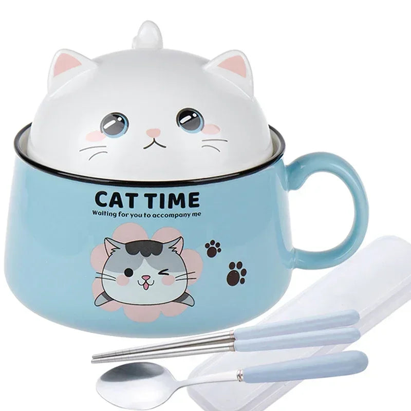 tasse soupe couvercle céramique porcelaine dessin animé chats bleu rose mignon unique environnement