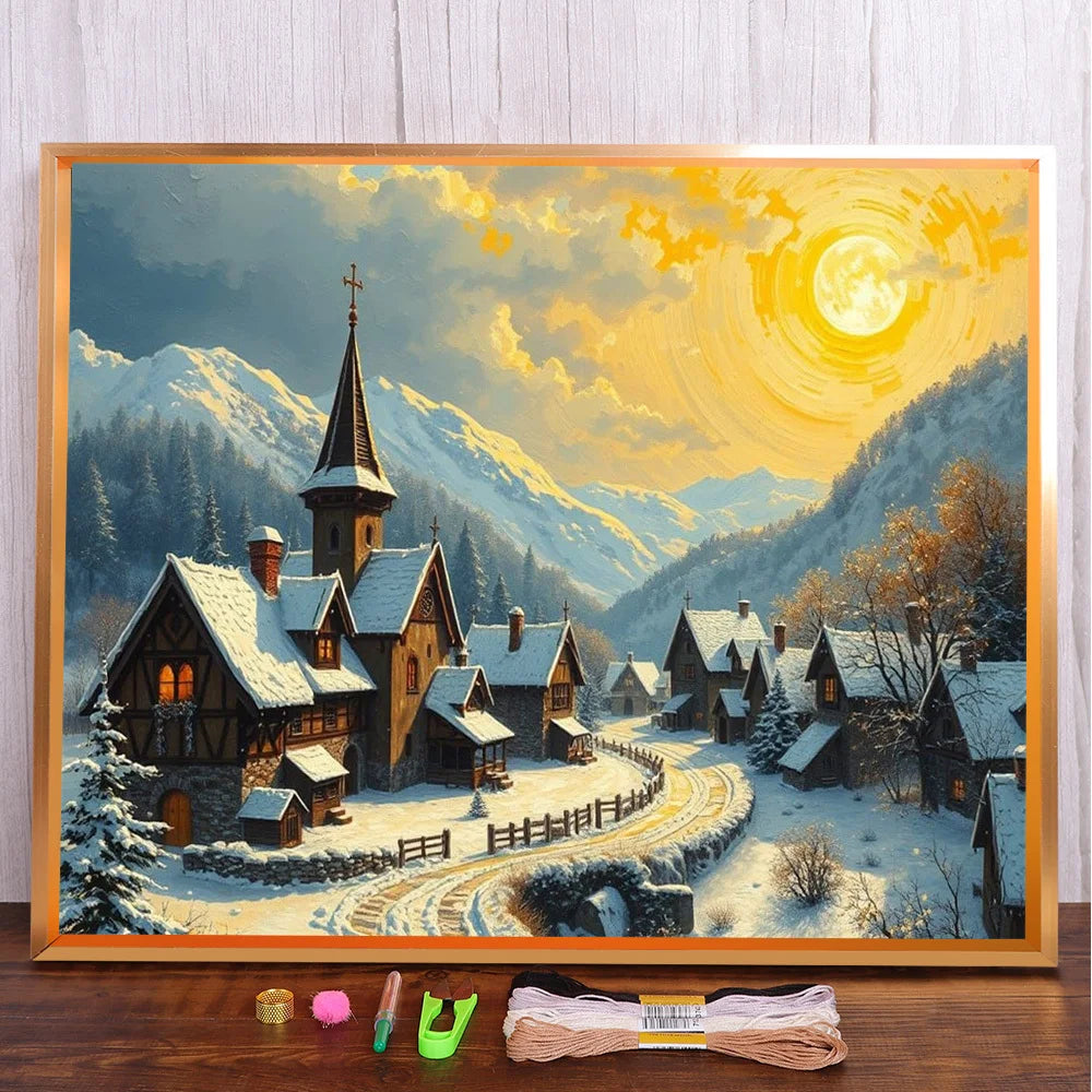 tableau broderie paysage hivernal point croix motifs maison montagne soleil neige coton 11ct 14ct