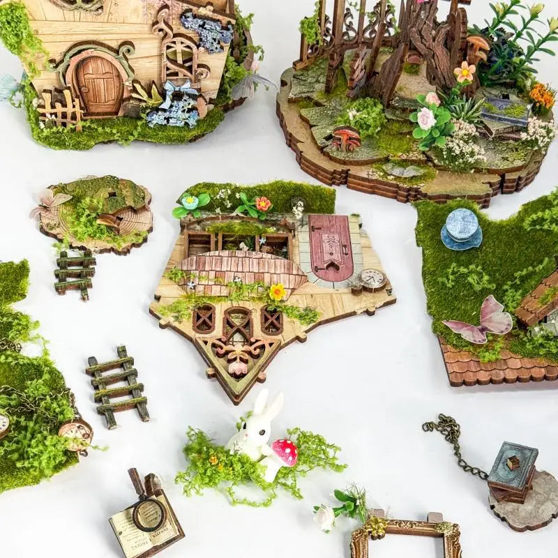 maisonnette décorative illuminée kit monter figurines elfe lapin éléments floraux conte fée