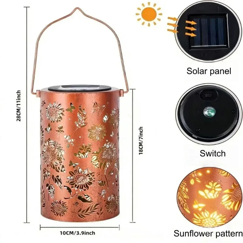 lanterne solaire cuivre doré fleurs vintage ip65 portable extérieur jardin porch solar panel decorative