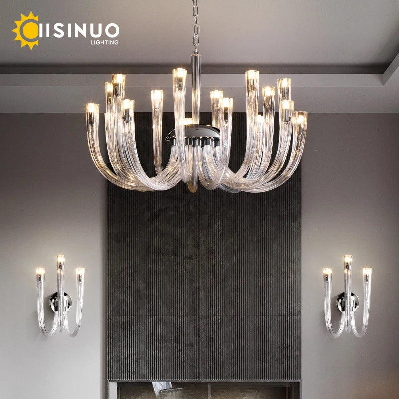 lustre transparent tubulaire contemporain verre strié g9 chambre salon élégant suspension adjustable