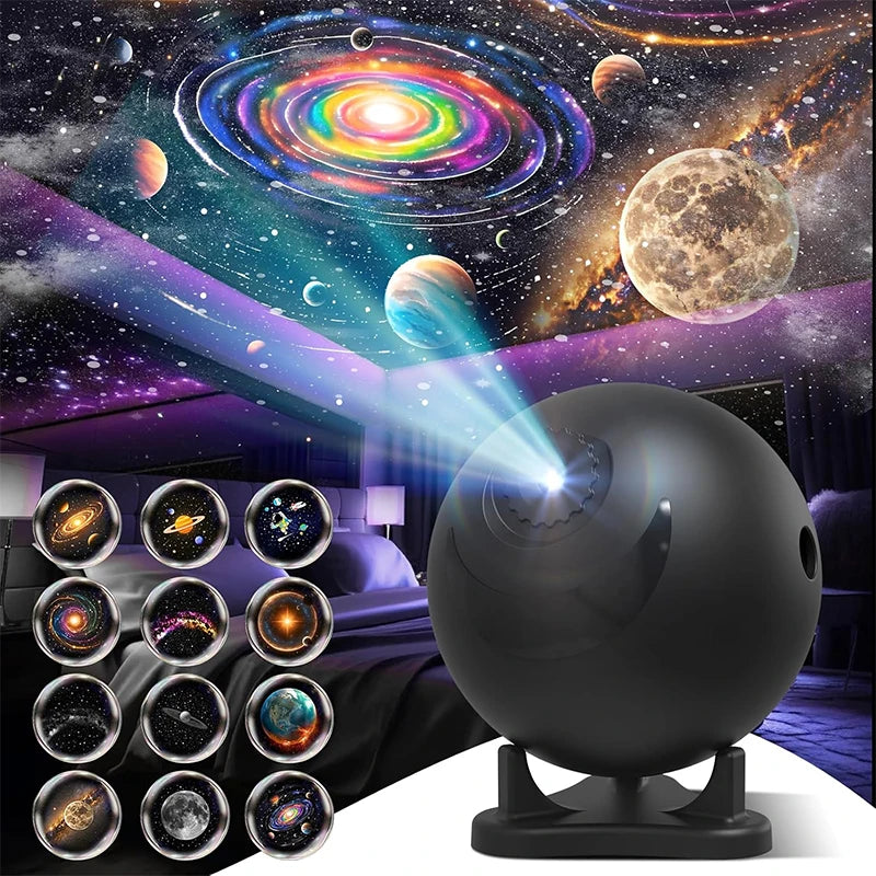 projecteur d'étoiles veilleuse noir galaxie planètes 12 disques interchangeables éclairage ambiance moderne compact support