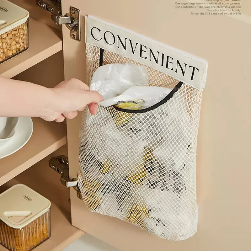 sac rangement maille moderne blanc beige anneau métallique 35x23cm conteneur organisation cuisine transparent minimaliste