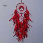 Rêve attrapeur décoratif en forme de cercle avec des plumes rouges, perles et motifs en forme d'arbre de vie.