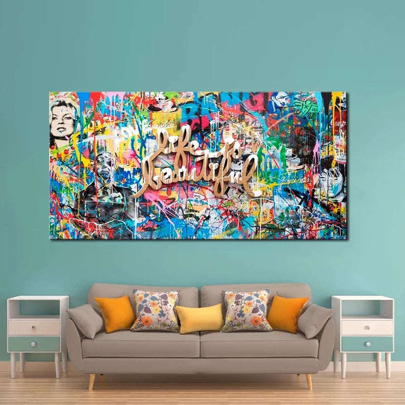 impression toile graffiti abstraite art urbain contemporain texturée couleur vives décoration murale chambre salon