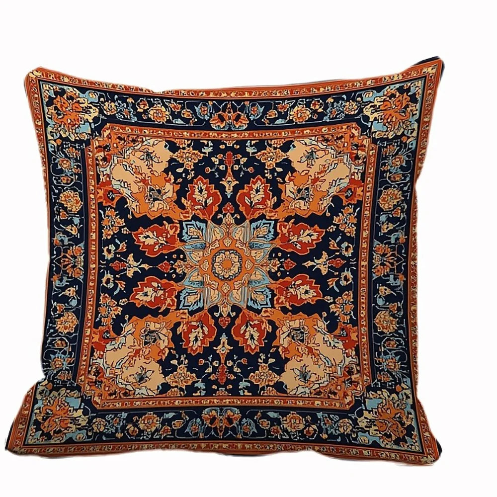 taies d'oreiller décoratives motifs floraux géométriques vintage bleu marine orange beige blanc polyester peachskin