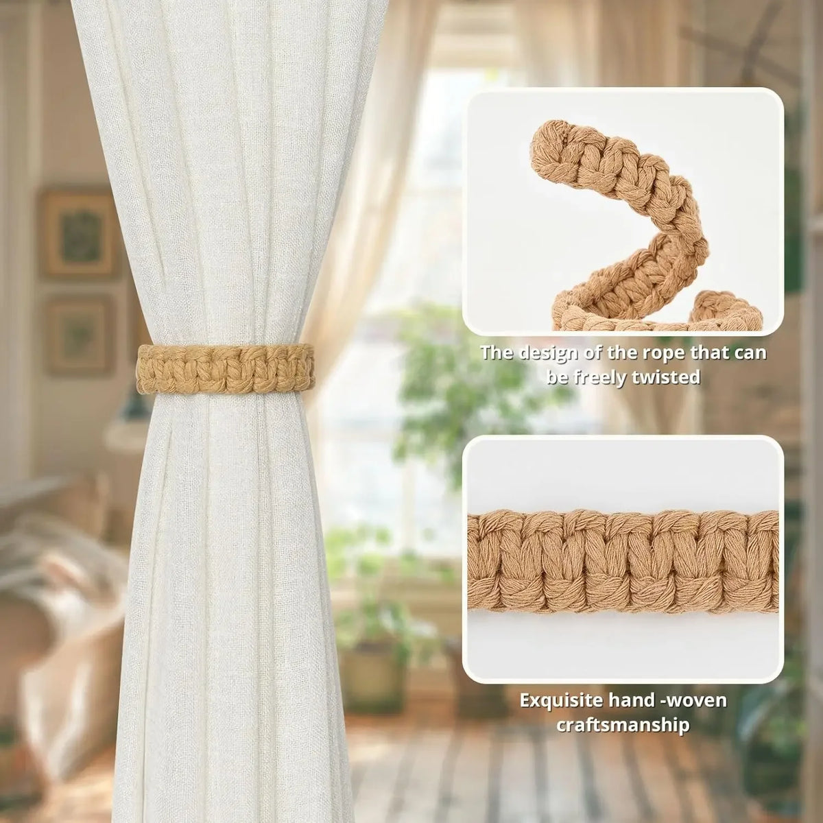 anneau rideaux tissé main texture rustique opacité beige clair boho chic adhésif chambre coucher