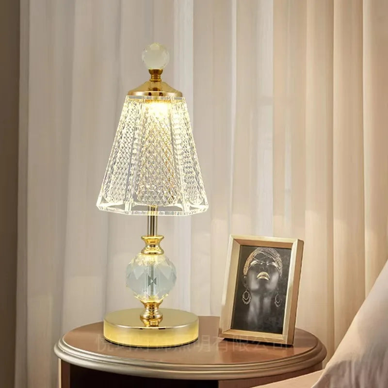 lampe table led or transparent cristal moderne rechargeable sans fil abat jour geometrique