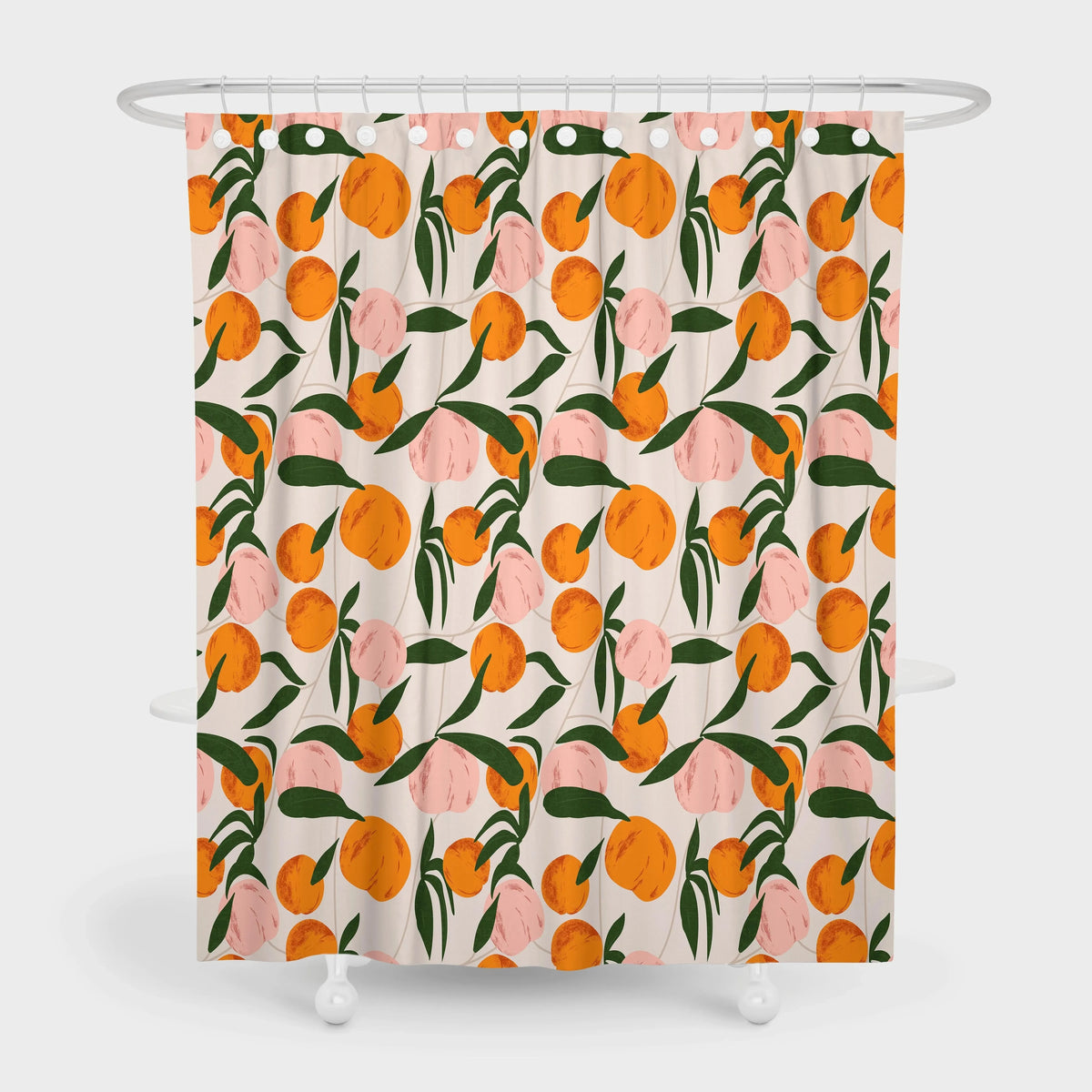 rideau douche moderne fruit pêches feuilles blanc orange rose vert anneaux opaques polyester