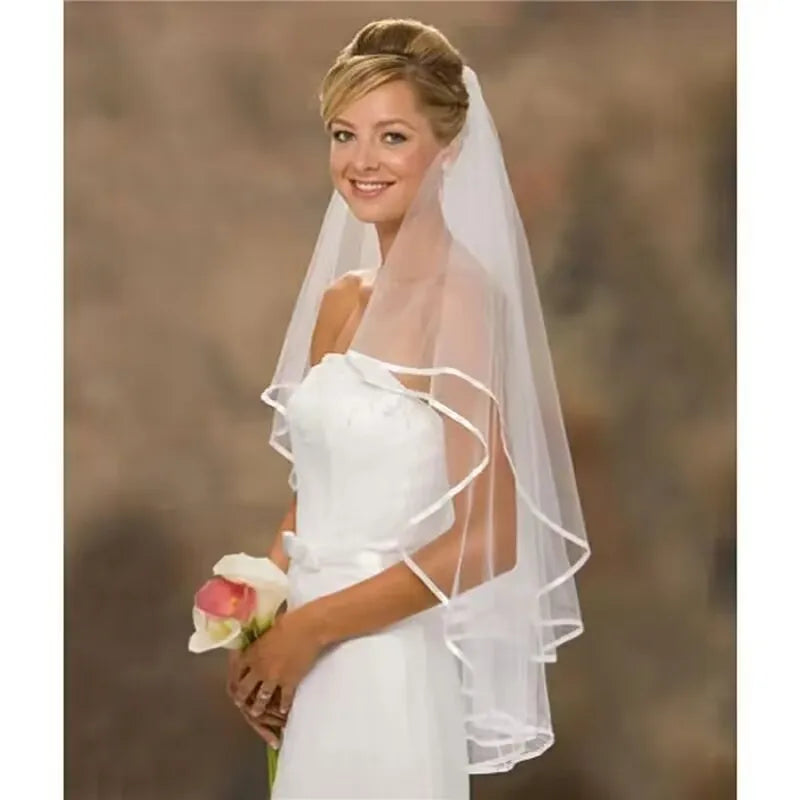 voile mariée deux couches tulle plissé bordure blanche transparent classique peigne cheveux blanc ivoire