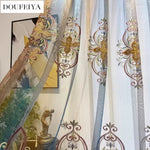 rideau translucide broderie florale élégant blanc bleu salon chambre fenêtre maison classique