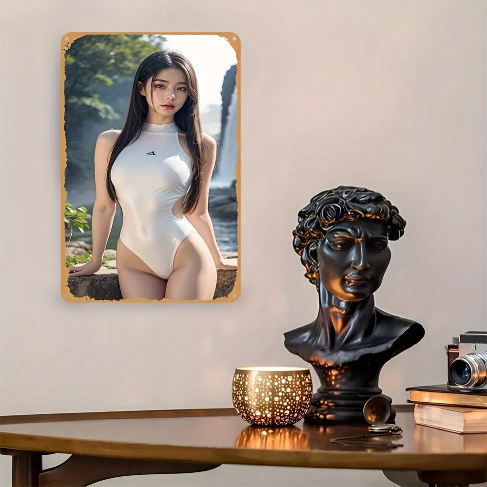 plaque decorative moderne femme asiatique maillot bain blanc adhésif texture metallique 20x30cm