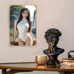 plaque decorative moderne femme asiatique maillot bain blanc adhésif texture metallique 20x30cm