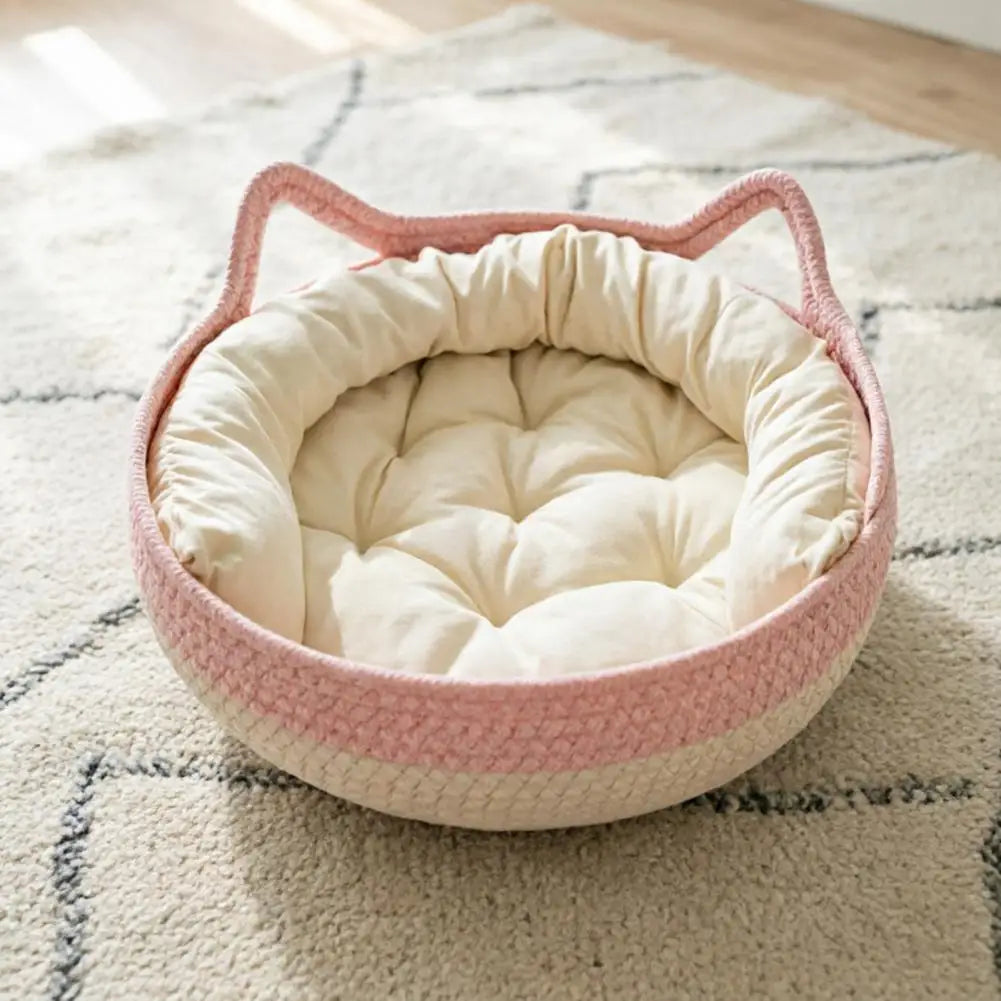 lit chat tissé main rose clair beige coussin amovible moderne