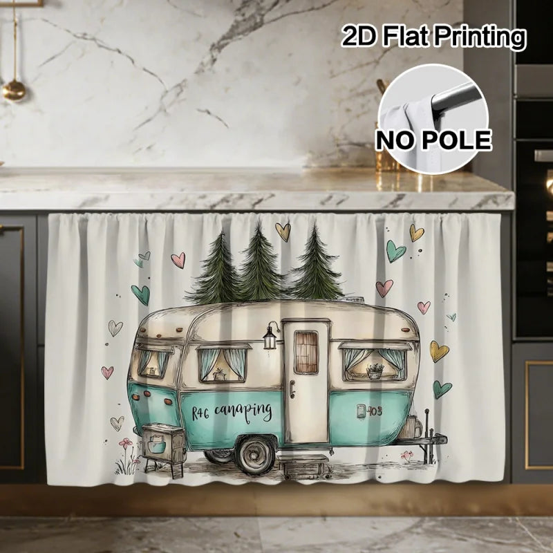 rideau cuisine motif camping car arbres blanc vert bleu beige vintage machine wash classic