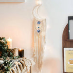 tapisserie macramé boho pompons franges beige clair tissé main décoration murale artisanal