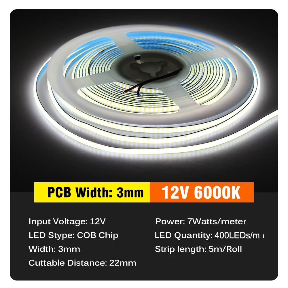 ruban led cob blanc 3mm 5mm 12v 24v lisse moderne connecteurs 5mètres rouleau