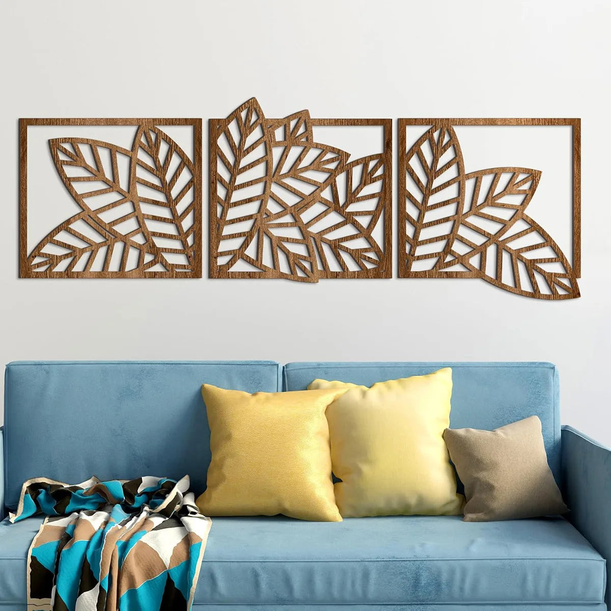 décoration murale bois feuilles stylisées marron clair moderne abstrait bohème tropicale