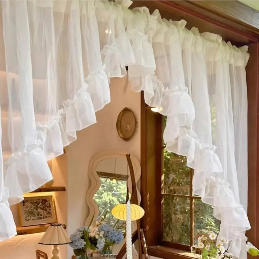 rideau blanc transparent voile vintage romantique polyester fronces clips cuisine fenêtre