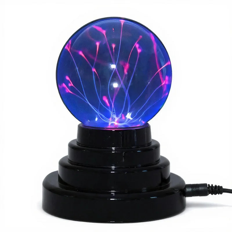 boule plasma luminescente tactile verre noir rouge bleu moderne technologie base pyramidale câble alimentation