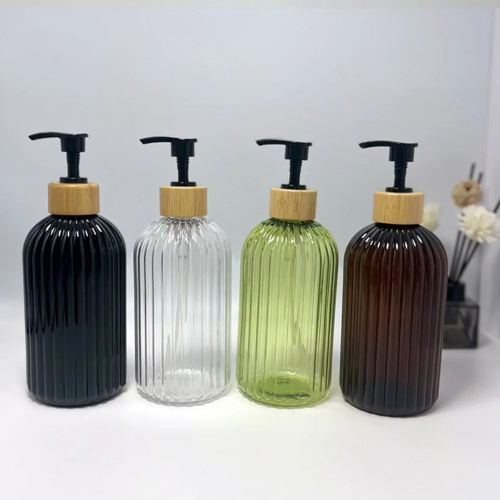 flacons savon liquide 500ml noir transparent vert olive marron rayures moderne pompe bois