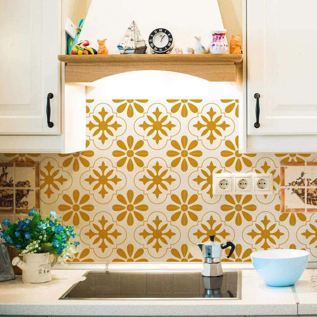 sticker mural fleurs géométriques blanc jaune doré décoration intérieure moderne pvc 10 pièces étanches