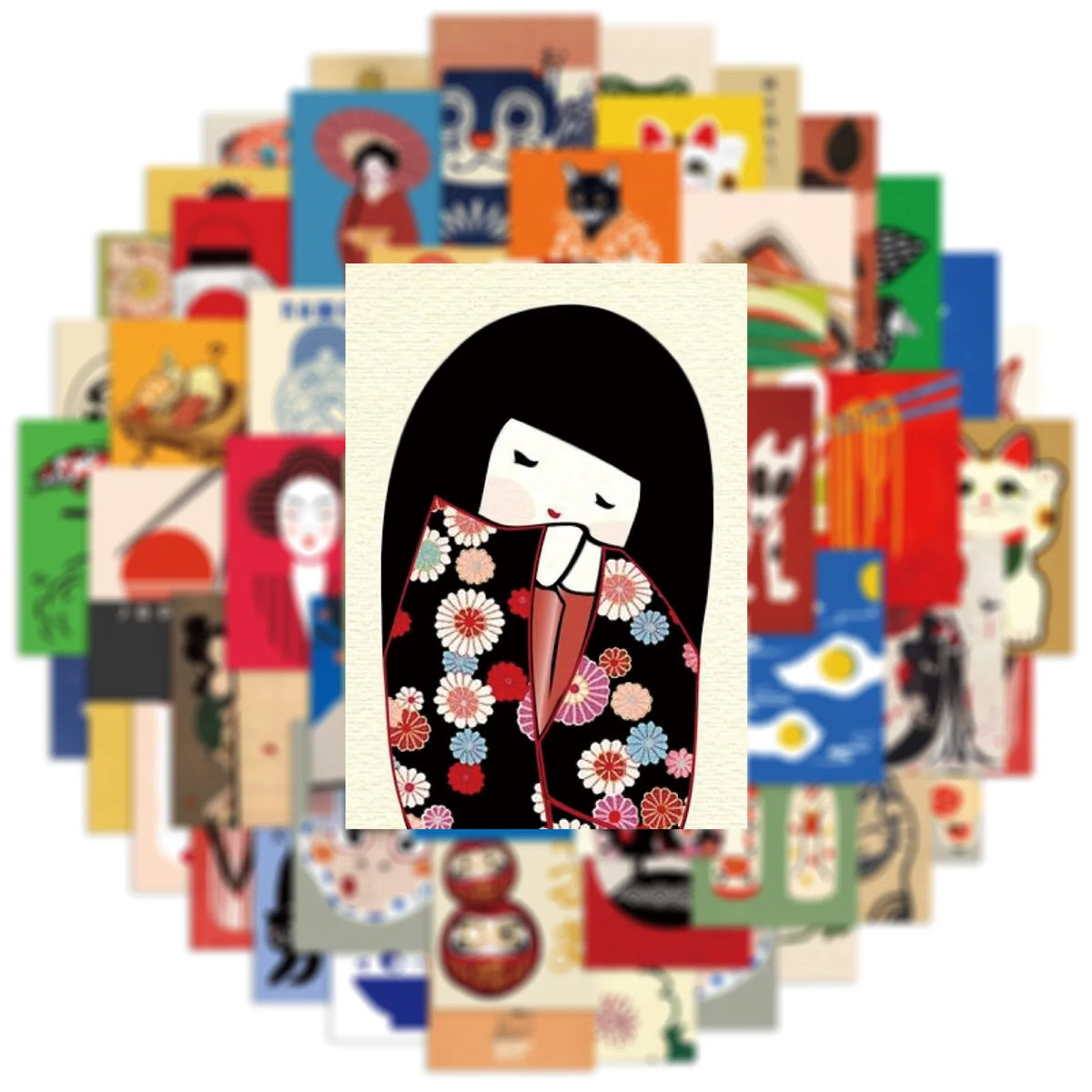 stickers japonais modernes motifs geisha chats ukiyo colorés pack 50 100 pieces