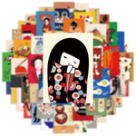 stickers japonais modernes motifs geisha chats ukiyo colorés pack 50 100 pieces