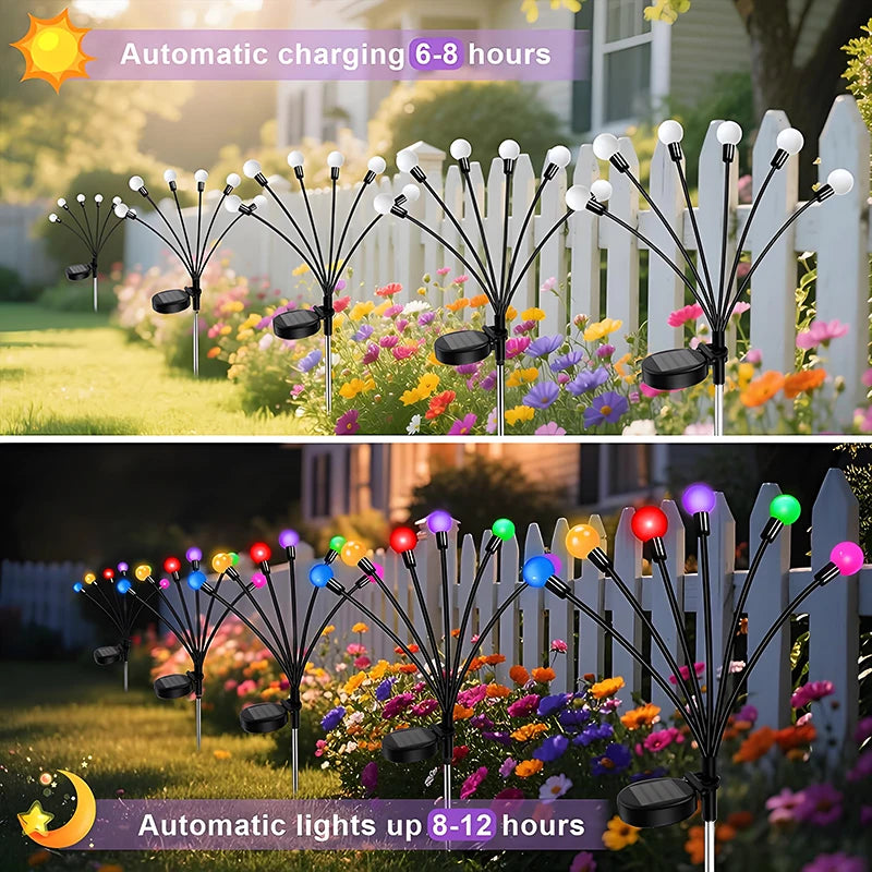 éclairage paysager solaire led moderne boules lumineuses colorées branches métalliques fixation tige terreextérieur nocturne