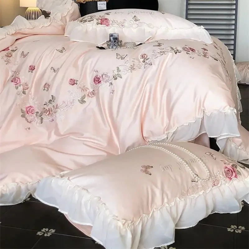 ensemble literie rose clair broderie fleurs papillons queen size coton égyptien 1000tc doux respirant