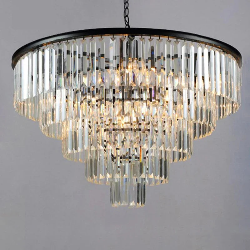 lustre led moderne élégant cristal transparent doré rangs pendants chaines noires