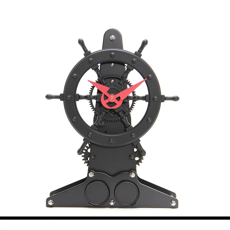 horloge industrielle noir rouge mécanisme apparent engrenages maritime fixations vintage élégante fonctionnelle