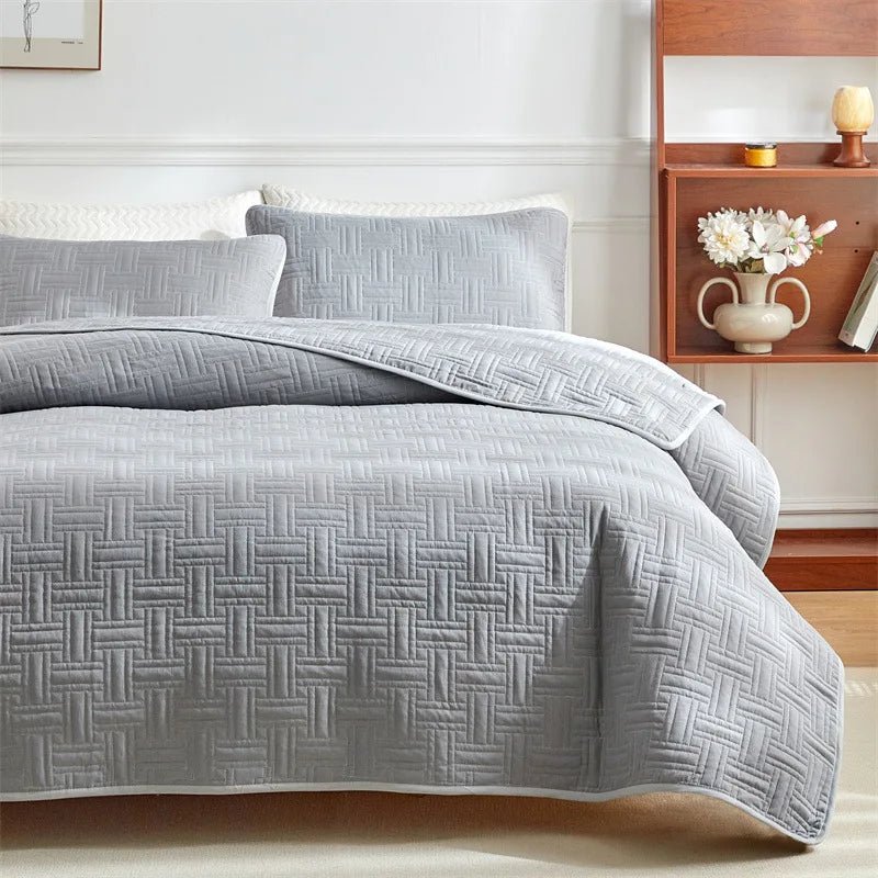 ensemble literie moderne housses couette taies oreiller matelassees geometriques gris blanc beige bleu rose