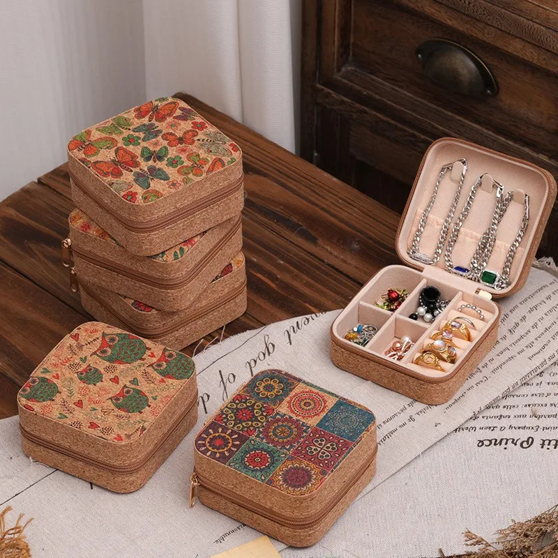 boîtes bijoux vintage marron clair compartiments réutilisables imprimé floral fermure glissière patchwork