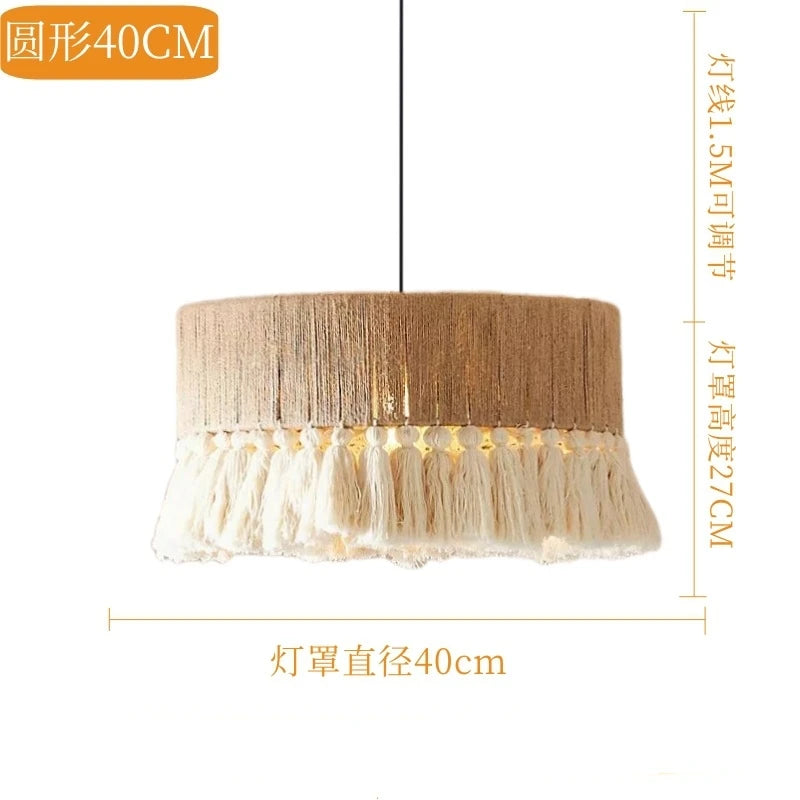suspension lumineuse boho tissu tressé franges beige blanc rustique