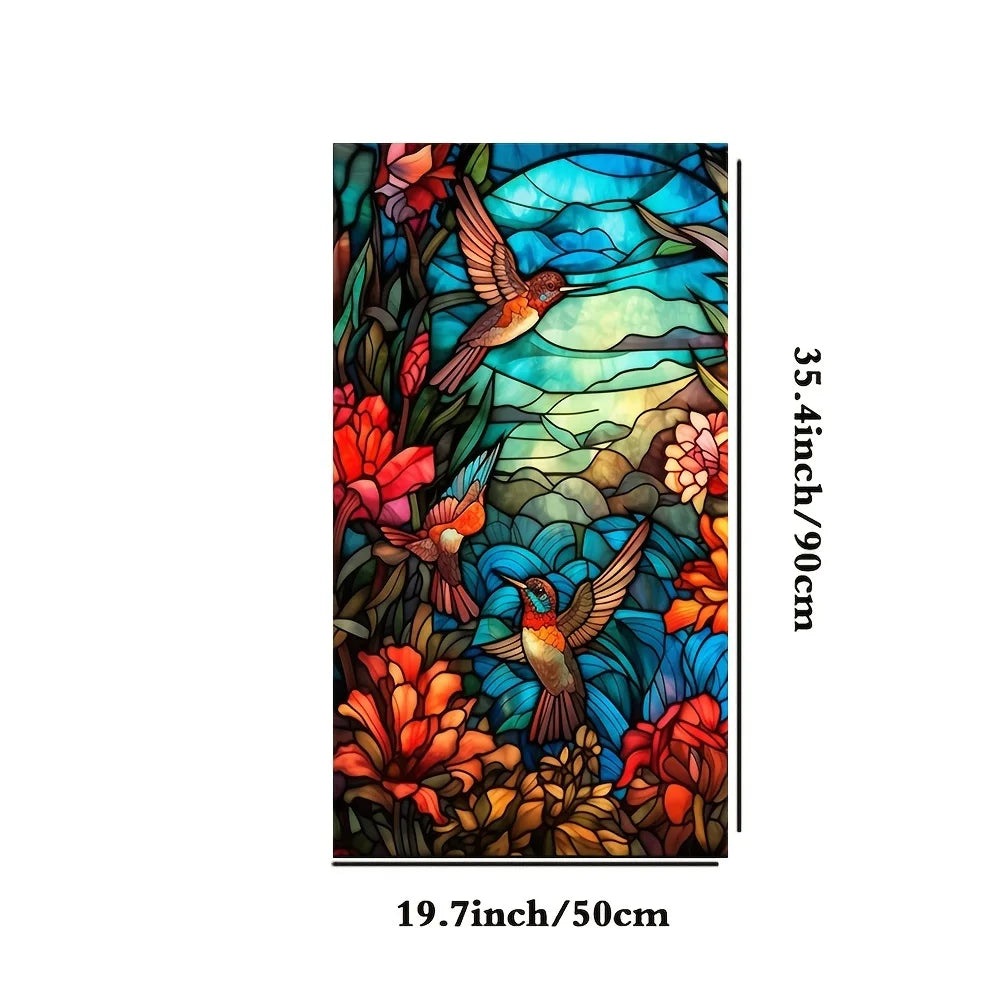 sticker décoration fenêtre vitrail oiseaux fleurs bleu rouge vert transparent art maison