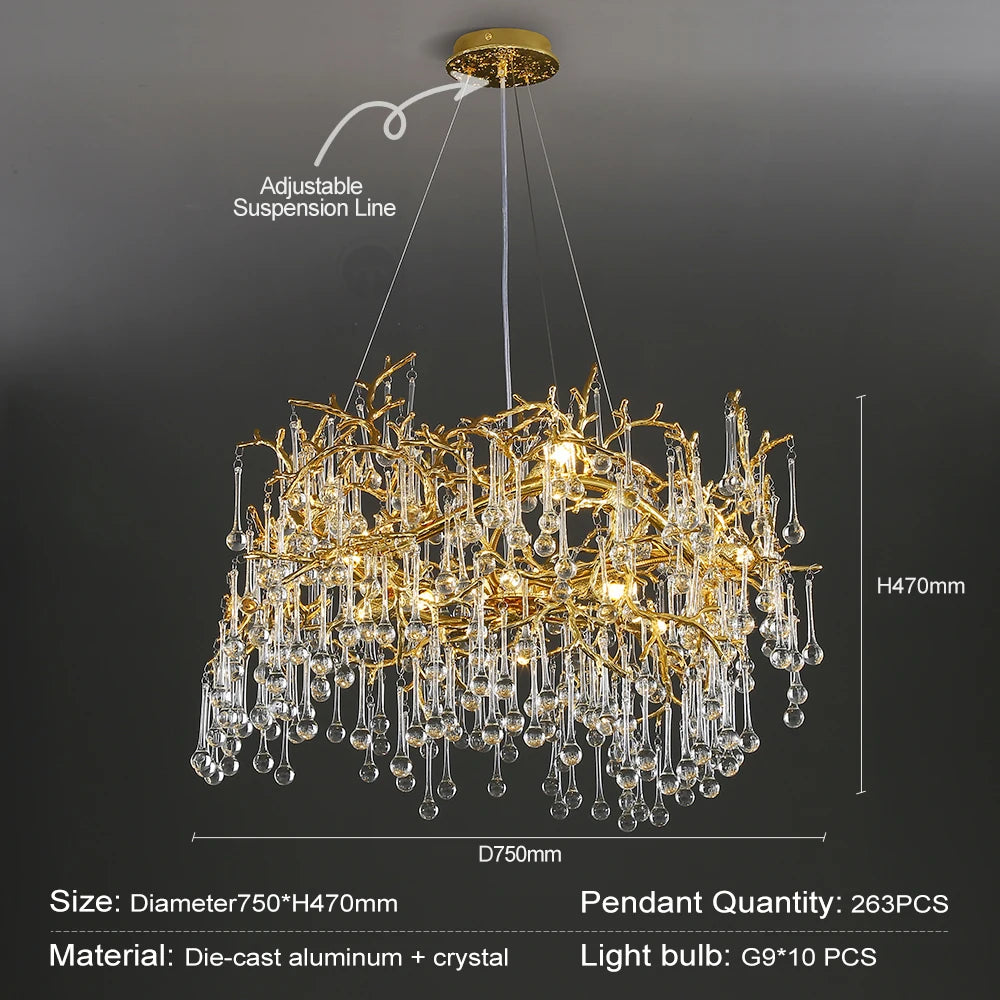 lampe suspendue or cristal moderne branches dorées pendeloques transparentes chambre salon