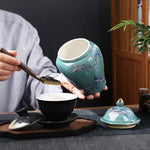 pot thé céramique artisanal fleurs oiseaux peintes main vert clair traditionnel couvercleDecorationMaisonVaseFleurs