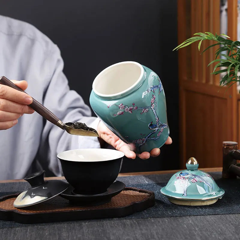 pot thé céramique artisanal fleurs oiseaux peintes main vert clair traditionnel couvercleDecorationMaisonVaseFleurs