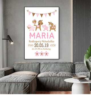 Image murale personnalisée pour chambre de bébé rose, décoration nordique avec animaux de dessin animé sur toile