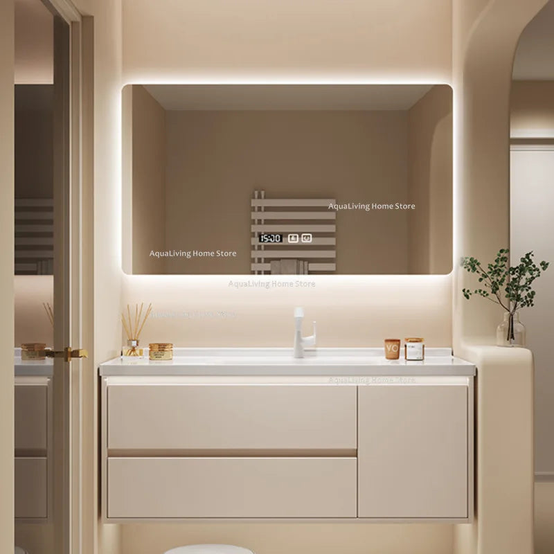 meuble salle bain moderne évier tiroirs beige clair miroir lumineux tapis motifs cosmétiques dorés